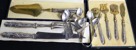 A pair of Victorian silver fiddle and thread pattern sugar tongs, three cased sets and a set of ten sterling silver coffee spoons.